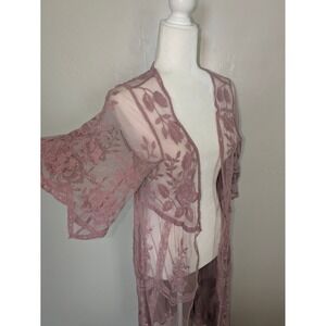Miss Chevious Lace Kimono Cardigan Duster S/M Dusty Rose Sheer Embroidered Boho